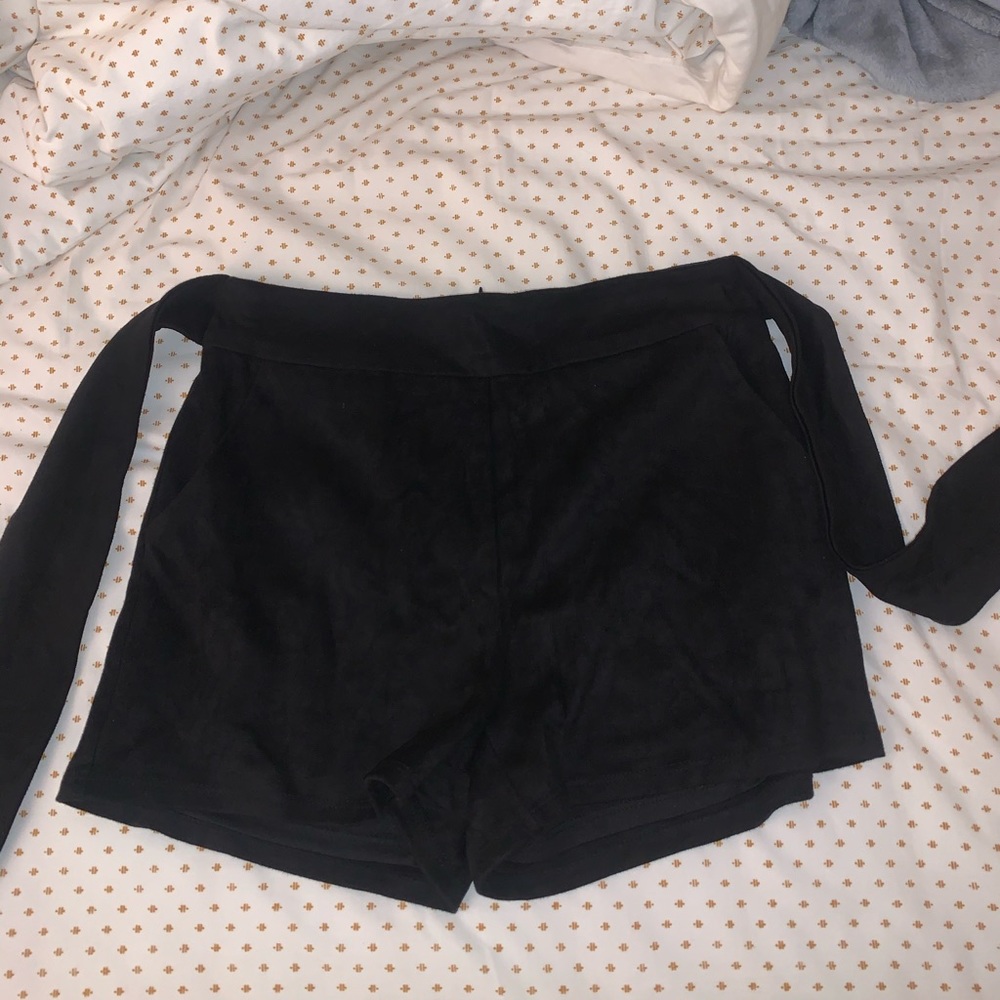 Black suede shorts with tie in back